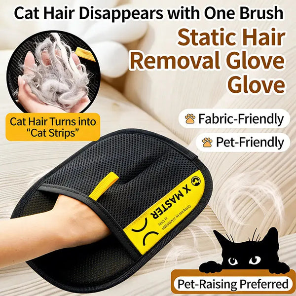 A hand is using a black electrostatic glove to remove cat hair, turning it into strips.