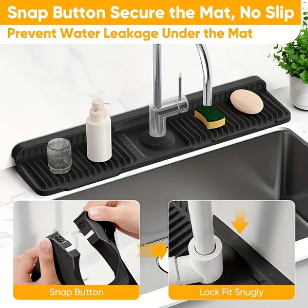 A black silicone faucet splash guard mat with a snap button design shown in use.