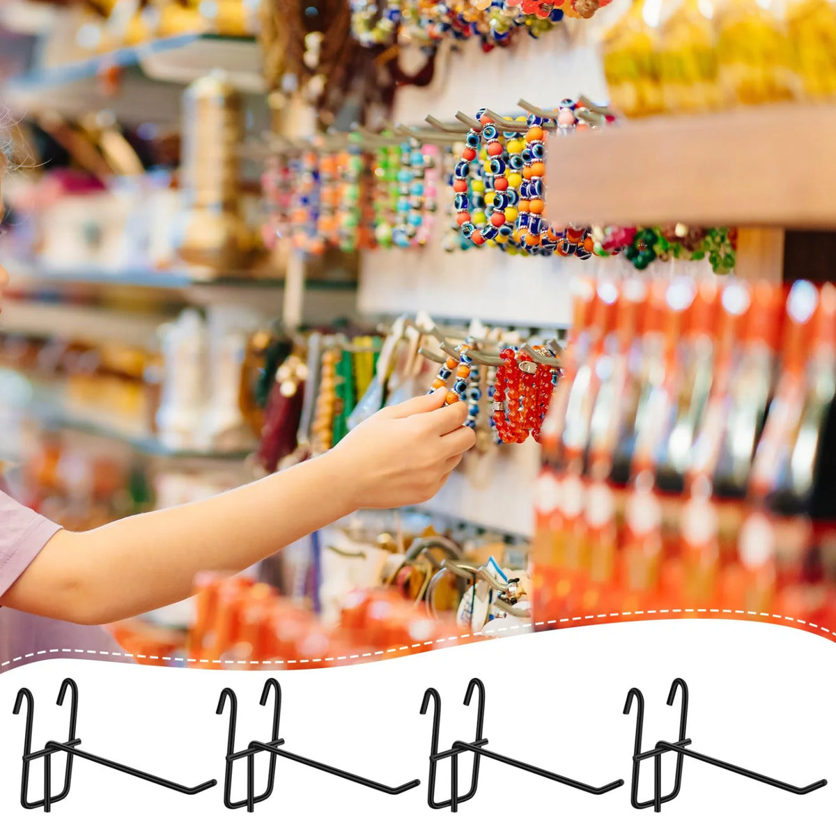 A hand is placing a hook onto a heavy-duty mesh grid display for retail organization.