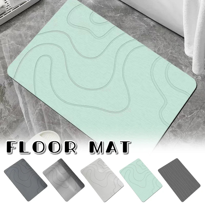 A collection of light green and gray diatomaceous earth quick-drying bathroom mats shown in various angles.