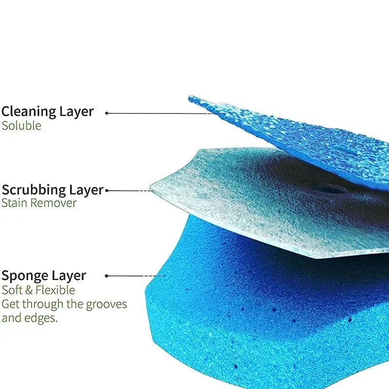 Cross-section diagram showing the layers of a reusable toilet cleaning brush set: Cleaning Layer, Scrubbing Layer, and Sponge