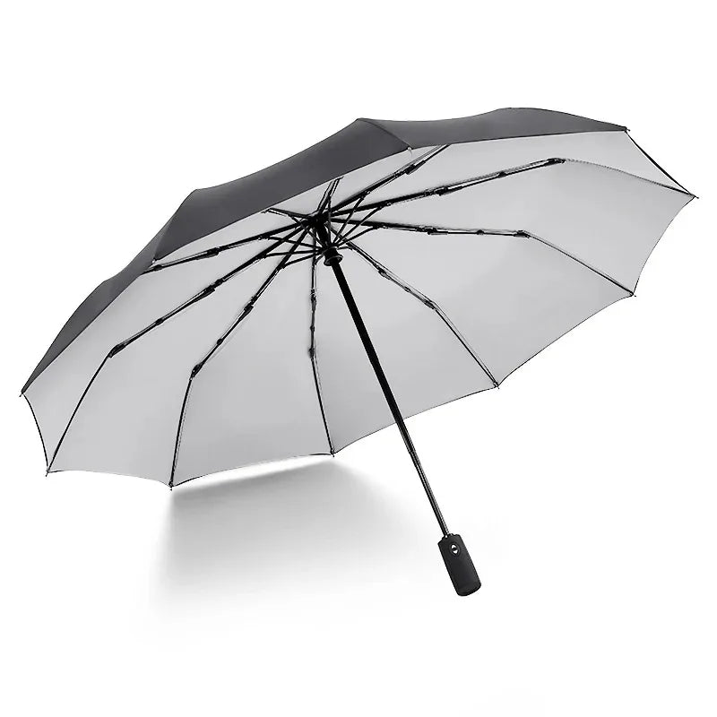 A black fully automatic double-layer outdoor umbrella open and displayed against a white background.