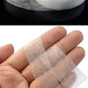 Rollos de cinta para dobladillos de tela de refuerzo blanca para material de costura, mostrados en varias vistas y muestras d