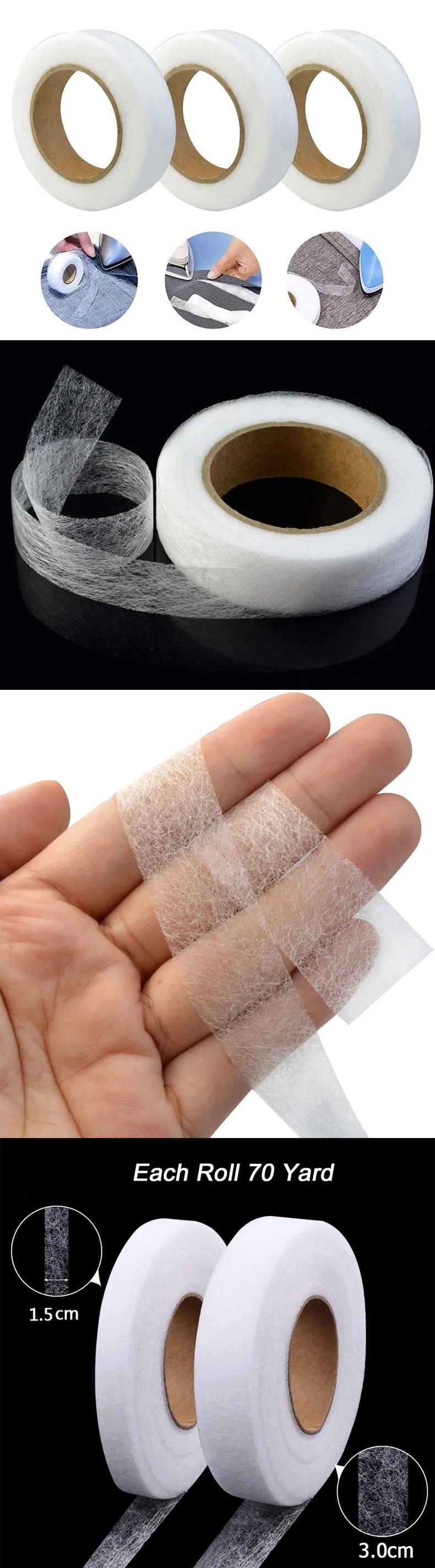Rollos de cinta para dobladillos de tela de refuerzo blanca para material de costura, mostrados en varias vistas y muestras d