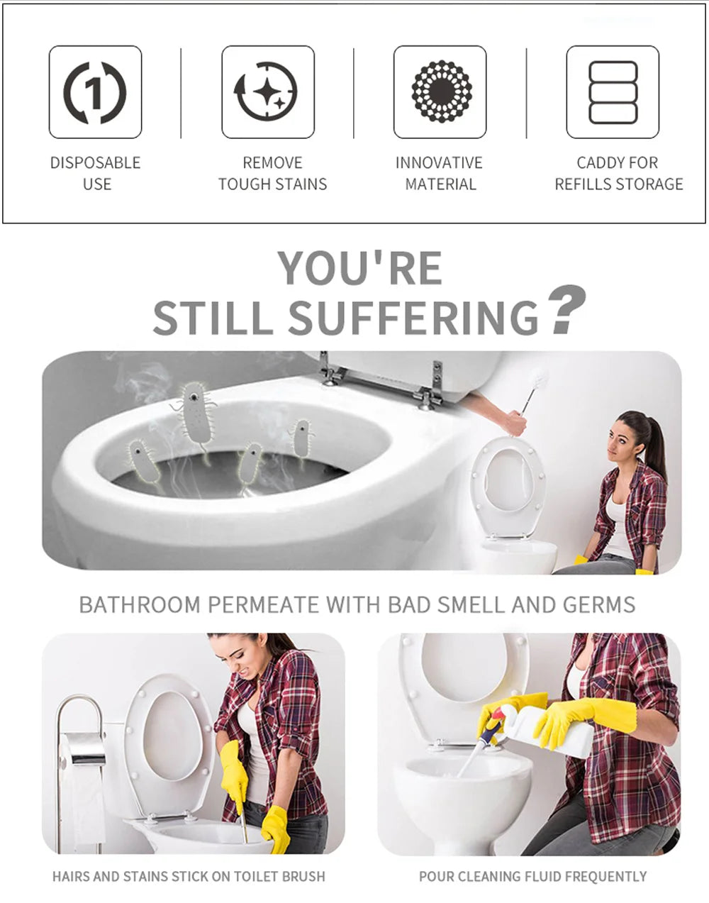 A long-handled disposable toilet brush is shown being used in a bathroom, with text instructing to pour cleaning fluid freque
