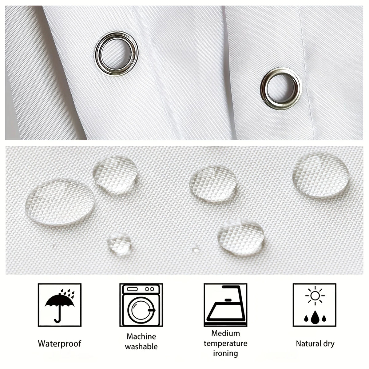 A set of white fabric items and icons demonstrating waterproof, washable, ironable, and natural dry features.