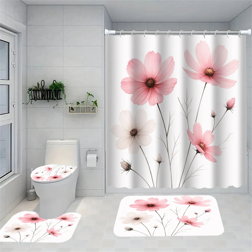 A shower curtain featuring pink peony floral patterns and a bath mat with matching designs.