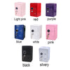 A collection of solid color metal piggy banks in various shades including light pink, red, purple, blue, white, pink, black, 