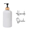A white, large capacity refillable hand soap dispenser bottle with a wooden cap and pump.