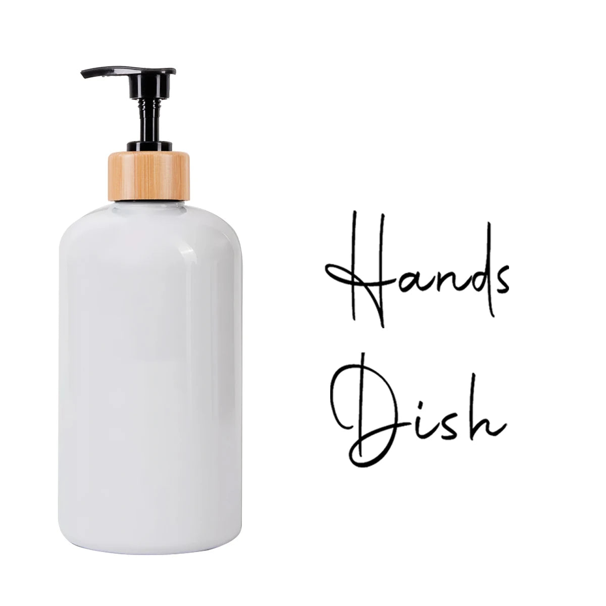 A white, large capacity refillable hand soap dispenser bottle with a wooden cap and pump.