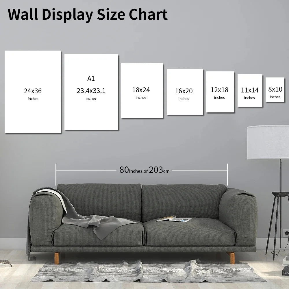 A chart showing various sizes of wall display art in inches, displayed above a gray sofa.