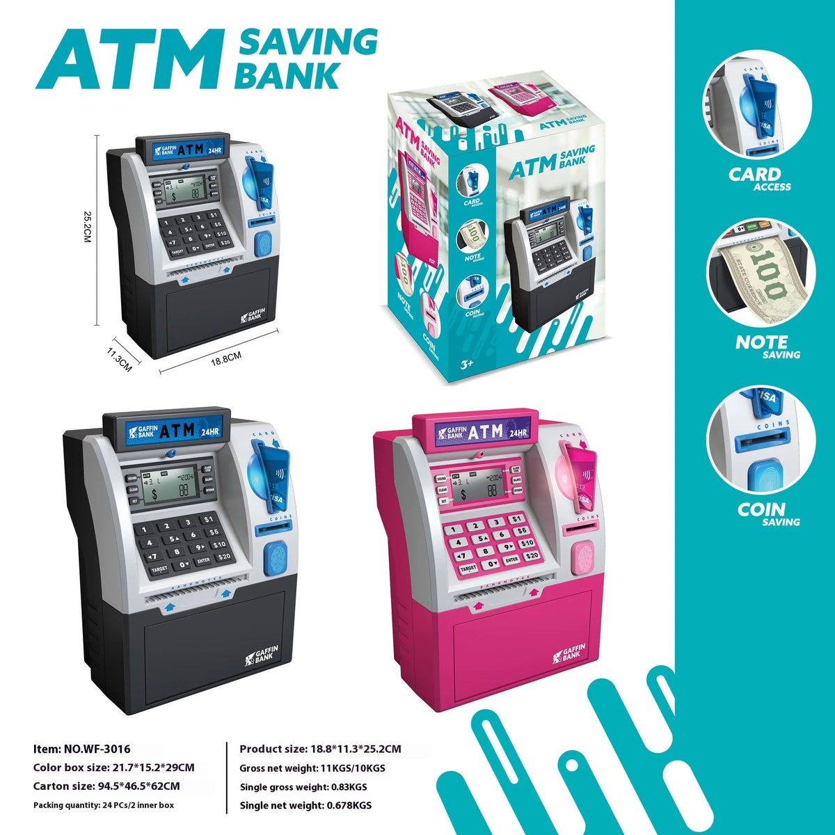A set of ATM saving bank products including a black and silver digital money box and a pink digital money box.