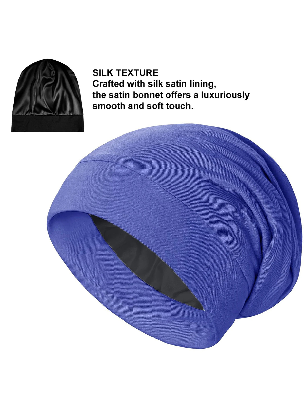 A purple satin sleep bonnet is shown, featuring a black lining and a smooth texture.