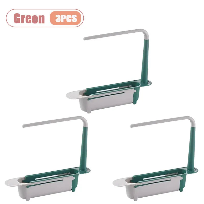 Three green adjustable over-sink dish rack organizers for kitchen use