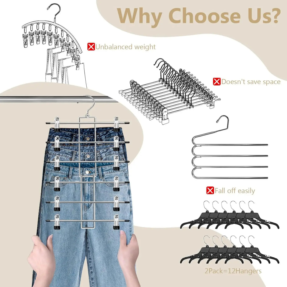 A set of adjustable metal hangers and swivel clips for organizing pants in a closet.