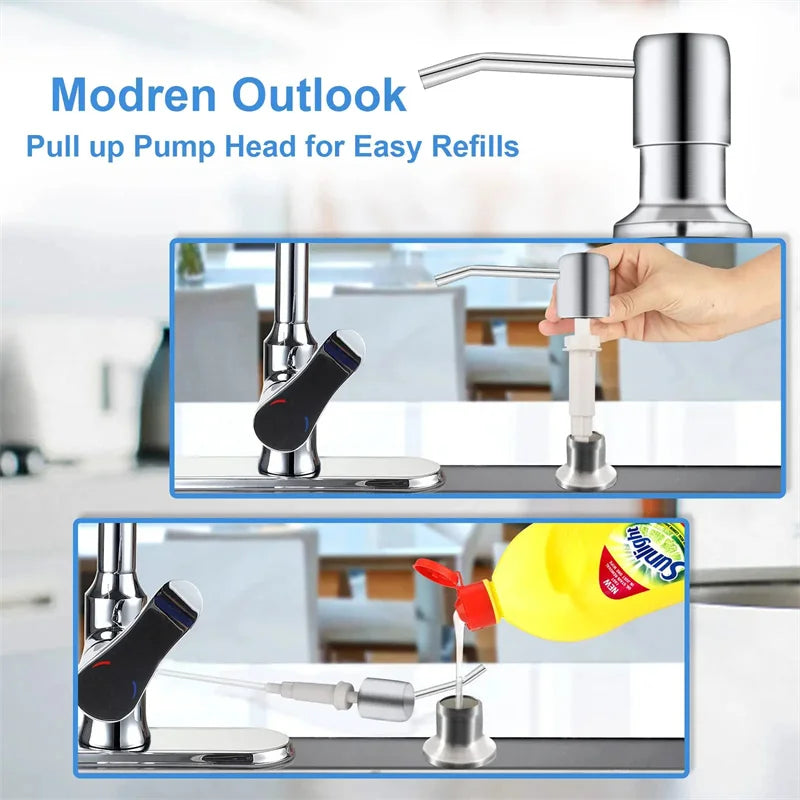 Stainless steel liquid soap dispenser showing a pump head being used for refills