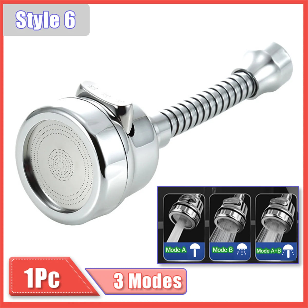 Extensor de grifo cromado con múltiples modos para uso en la cocina.