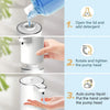 Diagram showing the three steps to use a touchless electric soap dispenser: opening the lid, rotating and tightening the pump