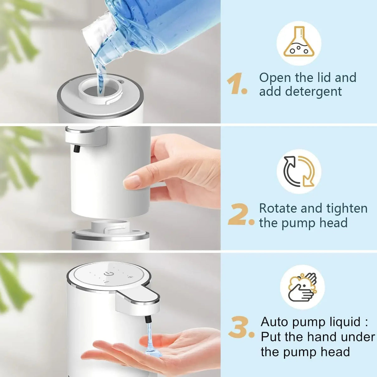 Diagram showing the three steps to use a touchless electric soap dispenser: opening the lid, rotating and tightening the pump