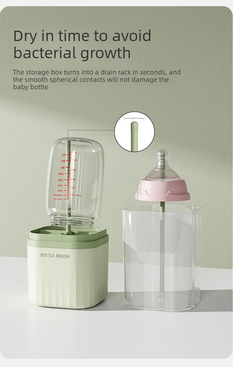 A clear storage box with a silicone bottle brush and a smooth spherical contact for drying baby bottles.