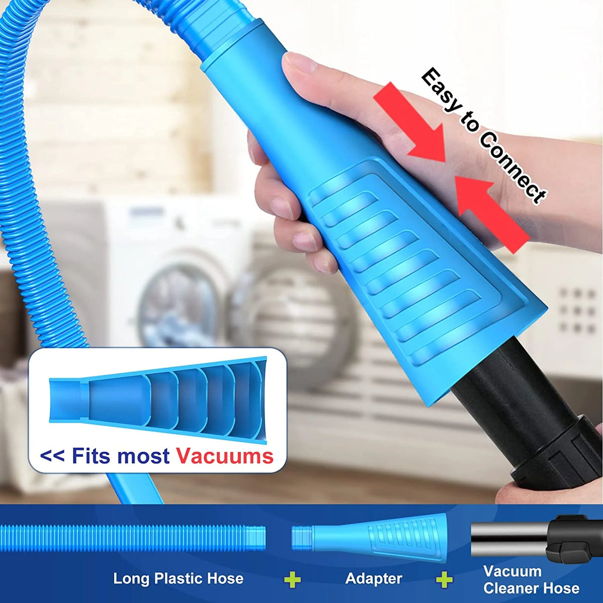 A hand holds a blue plastic hose and adapter for vacuum cleaner cleaning, showing the long plastic hose and adapter component