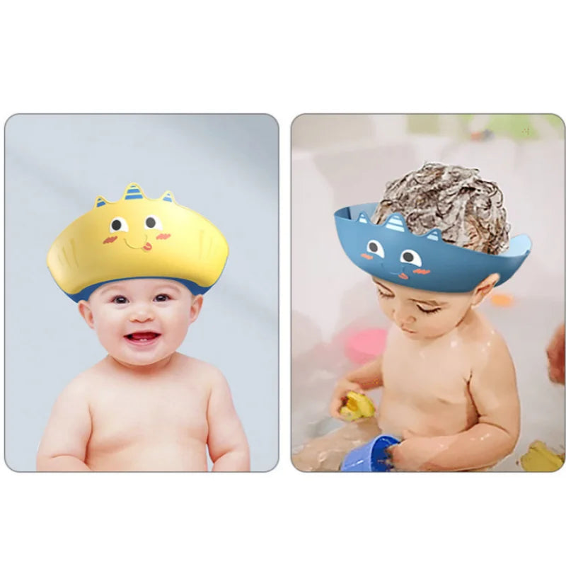 A baby wearing a yellow and blue shield cap while bathing, with a textured gray towel visible.