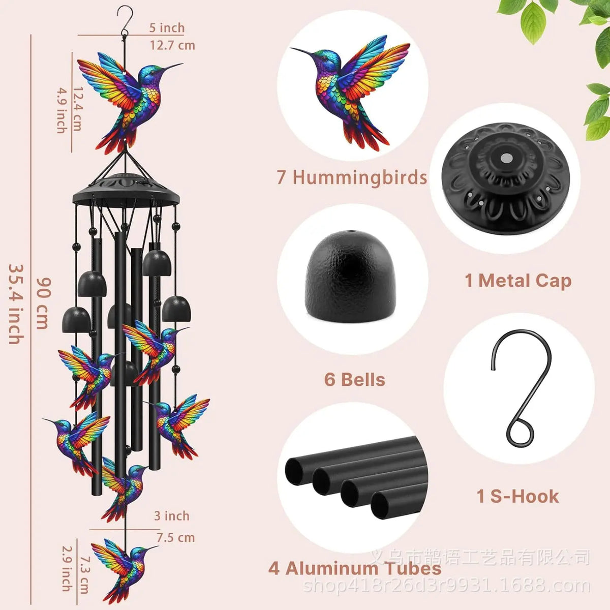 A hanging metal wind chime decoration featuring a bird figure, multiple bells, and an S-hook.