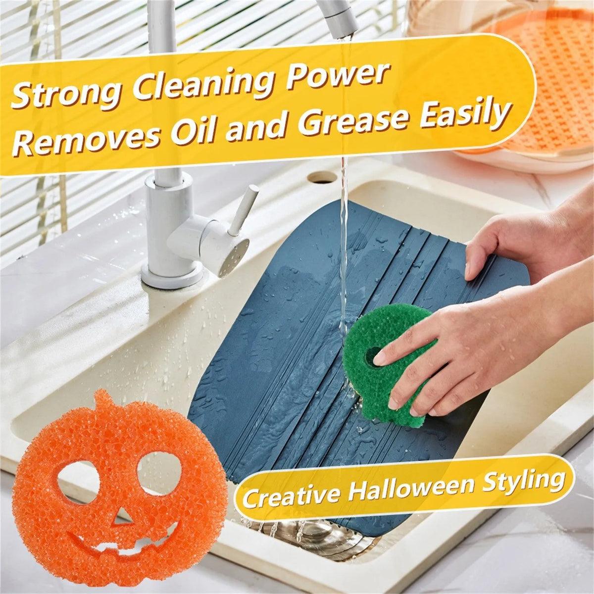 A blue dish is being cleaned with a green sponge in a kitchen sink, next to an orange pumpkin.