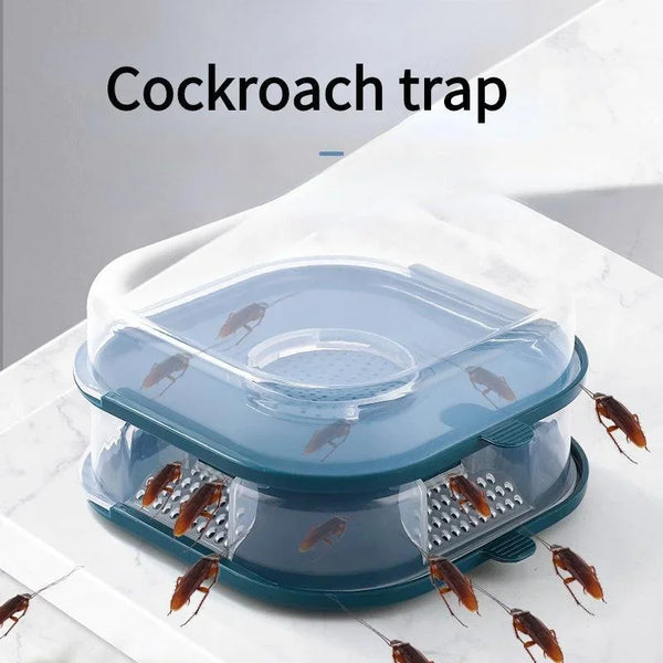 A clear plastic reusable cockroach trap with multiple compartments catching insects on a white surface.