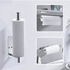 A white paper towel holder with a stainless steel finish mounted on a wall, shown in close-up views.