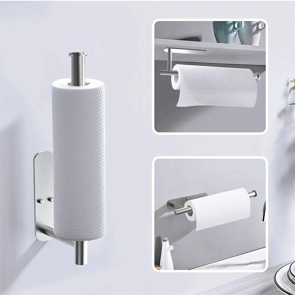 A white paper towel holder with a stainless steel finish mounted on a wall, shown in close-up views.
