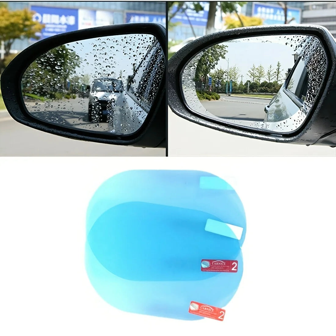 A blue anti-fog and rainproof film for car mirrors is shown alongside a pair of wet car mirrors.