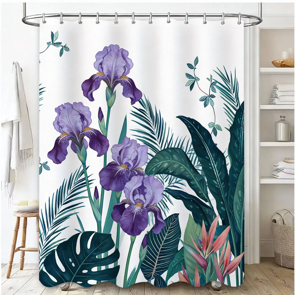 A shower curtain featuring a tropical garden design with purple and green floral leaves.
