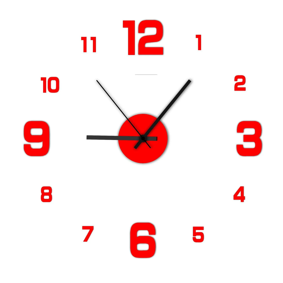 A red analog wall clock face with black hands showing the time.