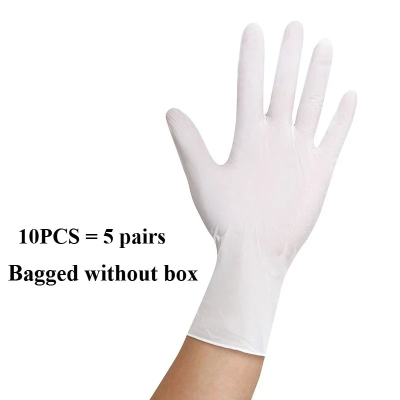 A hand wearing a white heavy-duty nitrile disposable glove, with text indicating 10 pieces equal to 5 pairs bagged without a 