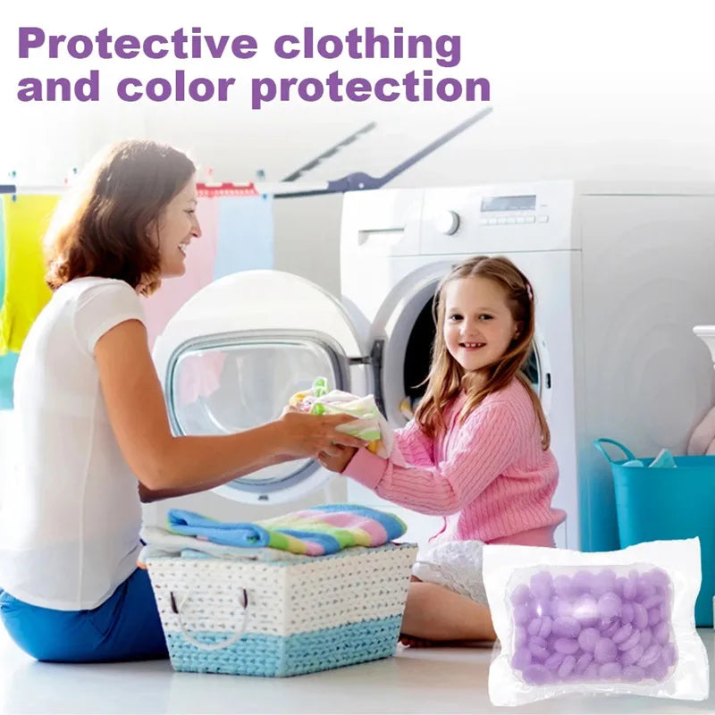 A woman and a child are shown near a washing machine with laundry fragrance beads for long-lasting freshness.