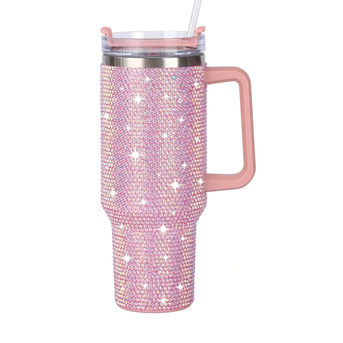 Taza aislada de acero inoxidable con strass rosas y tapa transparente y asa.