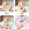 Four steps demonstrating how to use space-saving hanger connector hooks for closet organization.