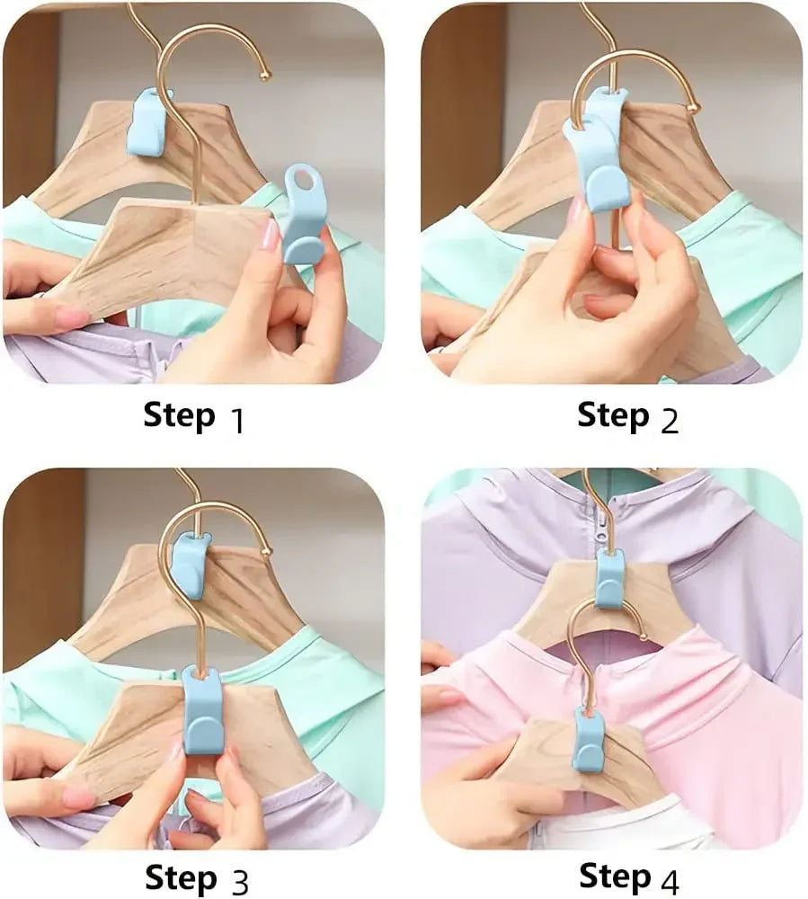 Four steps demonstrating how to use space-saving hanger connector hooks for closet organization.