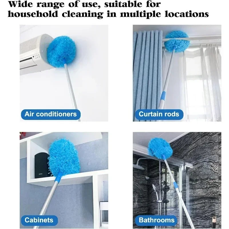 Extendable microfiber duster used for household cleaning in multiple locations like air conditioners, curtain rods, cabinets,