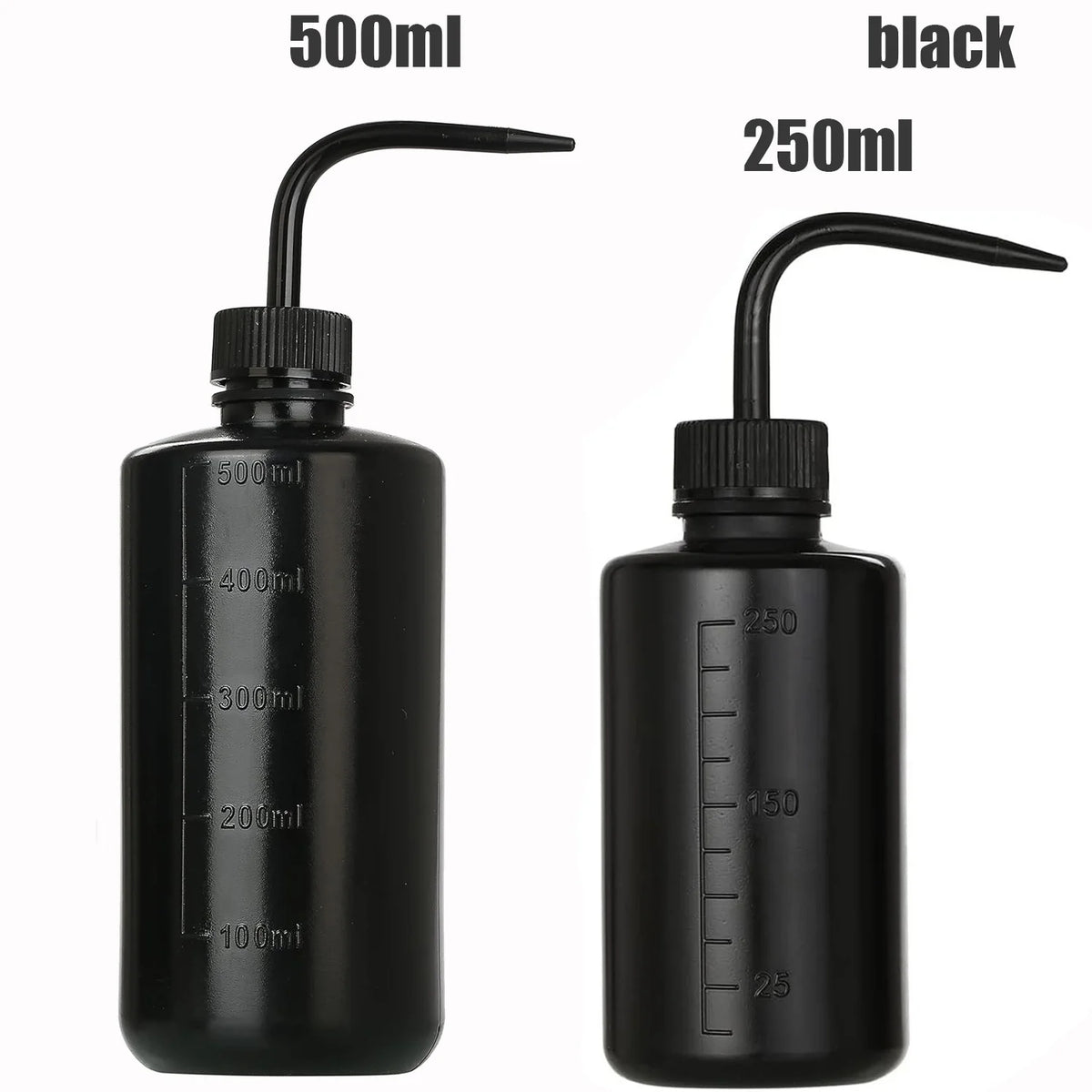 Two black squeeze bottles with measurement marks, labeled 500ml and 250ml.