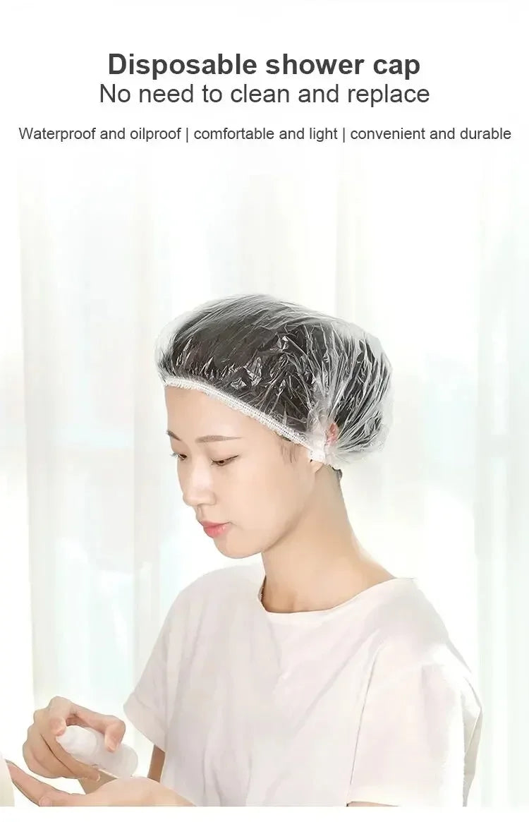 A woman is wearing a disposable shower cap while looking down, demonstrating the product for hair protection.
