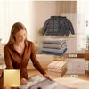 A woman is shown using a vacuum compression travel bag next to a quilted gray jacket and various folded textiles.