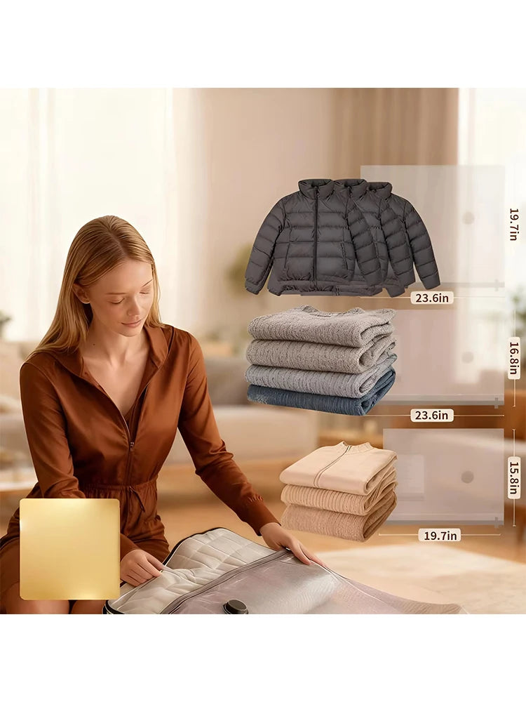 A woman is shown using a vacuum compression travel bag next to a quilted gray jacket and various folded textiles.