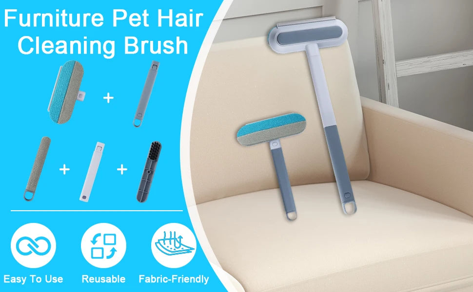 A set of furniture pet hair cleaning brushes including a flat brush and a handheld brush displayed on a light-colored sofa.