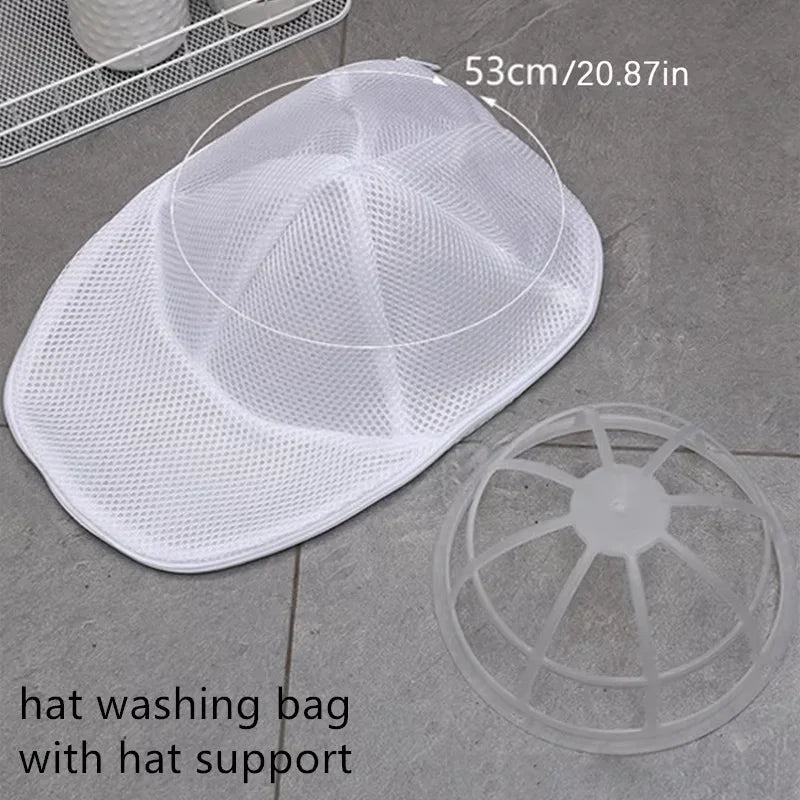 A white reusable laundry bag with a hat support, shown flat and a circular version.