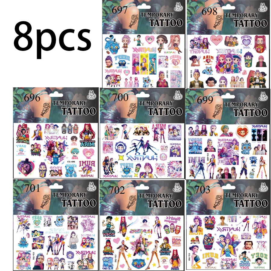 A set of 8 temporary tattoos featuring various K-Pop idols and characters for birthday party decoration.