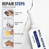 A hand is shown applying wall filler to a crack, illustrating the repair steps for wall repair paste kit.