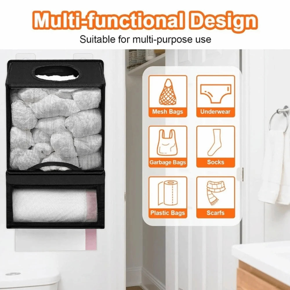 Black multi-functional mesh bag organizer with compartments for underwear, socks, and scarves mounted on a wall.
