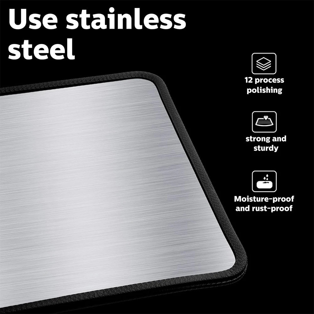 A close-up view of a stainless steel oil splash guard with black trim, highlighting its durability and polishing features.
